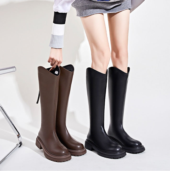 Winter Series 19: Fleece-Lined Long Boots for Women, 2024 Winter New Height-Increasing Riding Boots, Chunky Heeled Vintage Tall Boots, Versatile Footwear