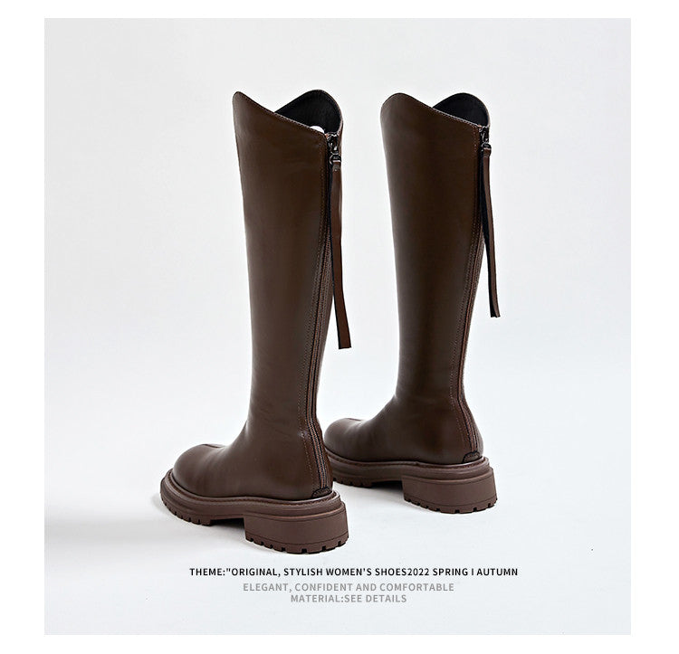 Winter Series 19: Fleece-Lined Long Boots for Women, 2024 Winter New Height-Increasing Riding Boots, Chunky Heeled Vintage Tall Boots, Versatile Footwear