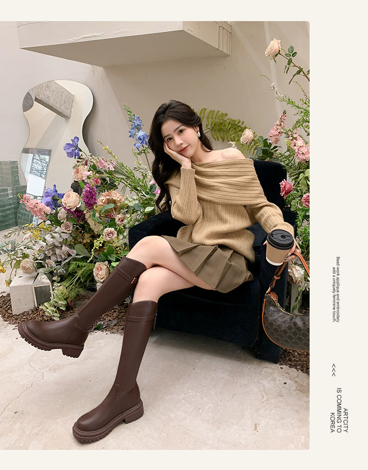 Winter Series 20: Women's Tall Boots, 2024 Winter New Thick Flat-Sole Slimming High Knee Boots, Fleece-Lined Riding Boots