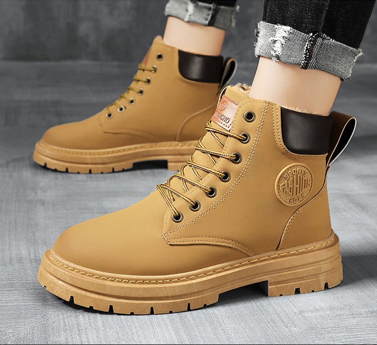 Winter Shoe 07 : Men's Winter Fleece-Lined Martin Boots, High-Top Work Shoes, Trendy Versatile Thick-Soled Warm Short Boots