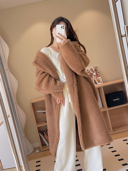 Winter Series 38: Teddy Bear Coat for Women, Faux Fur Alpaca Wool Textured Teddy Oversized Mid-Length Coat