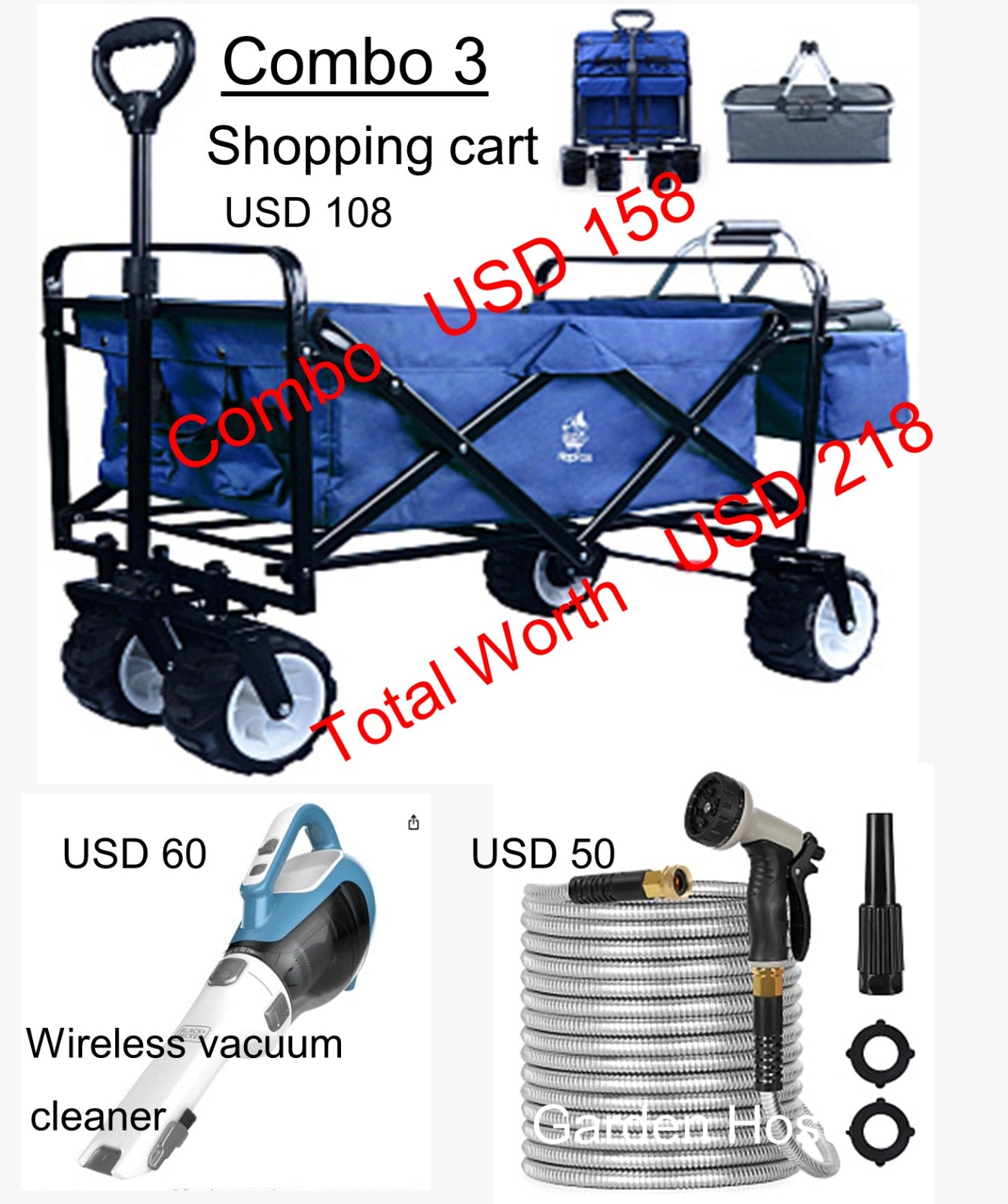 Combo 3: Shopping cart + garden hose + wireless vacuum cleaner