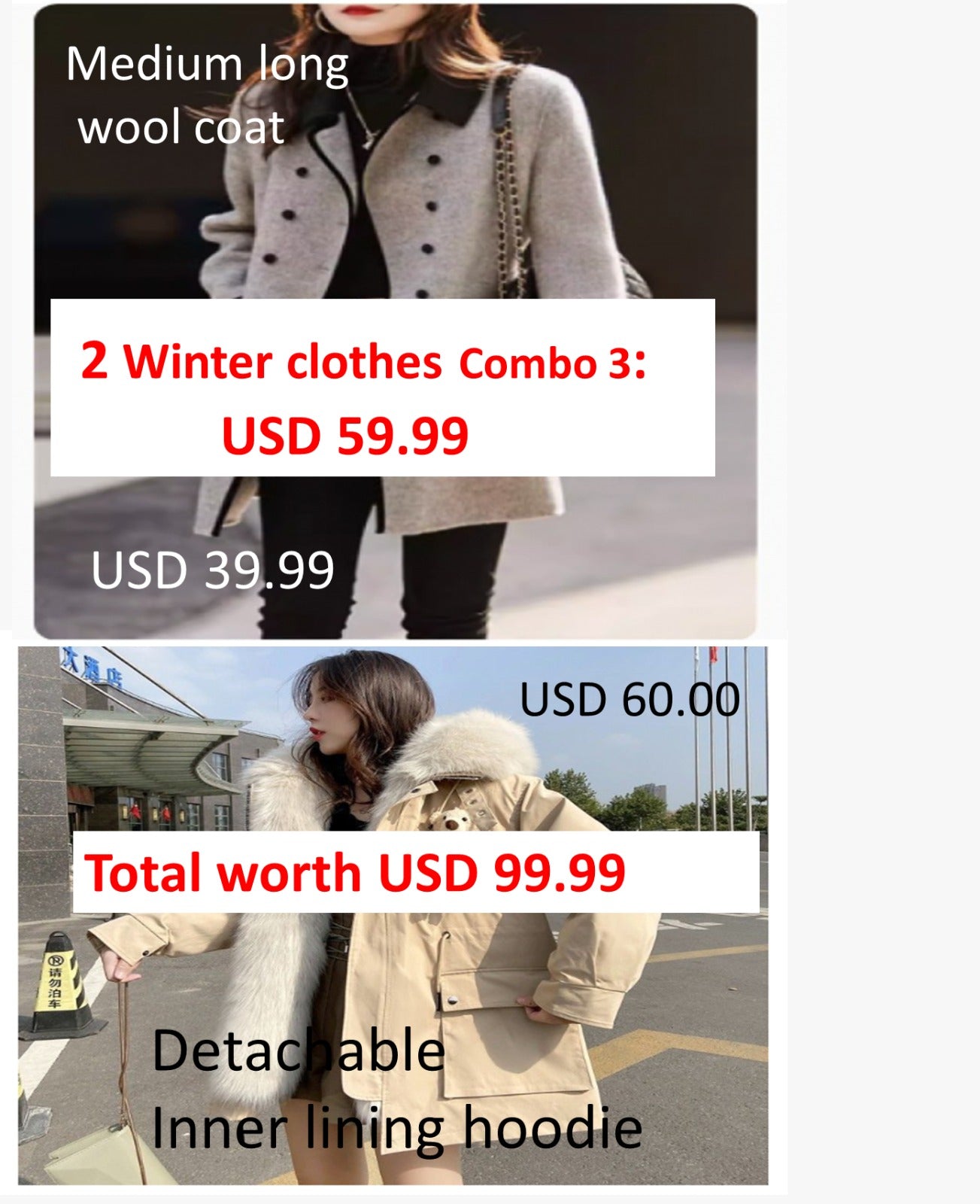 Combo 3: one Winter detachable inner lining hoodie + one Autumn medium long wool coat