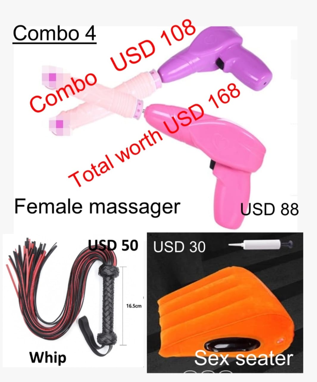 Combo 4: Female massager + whip + sex seater