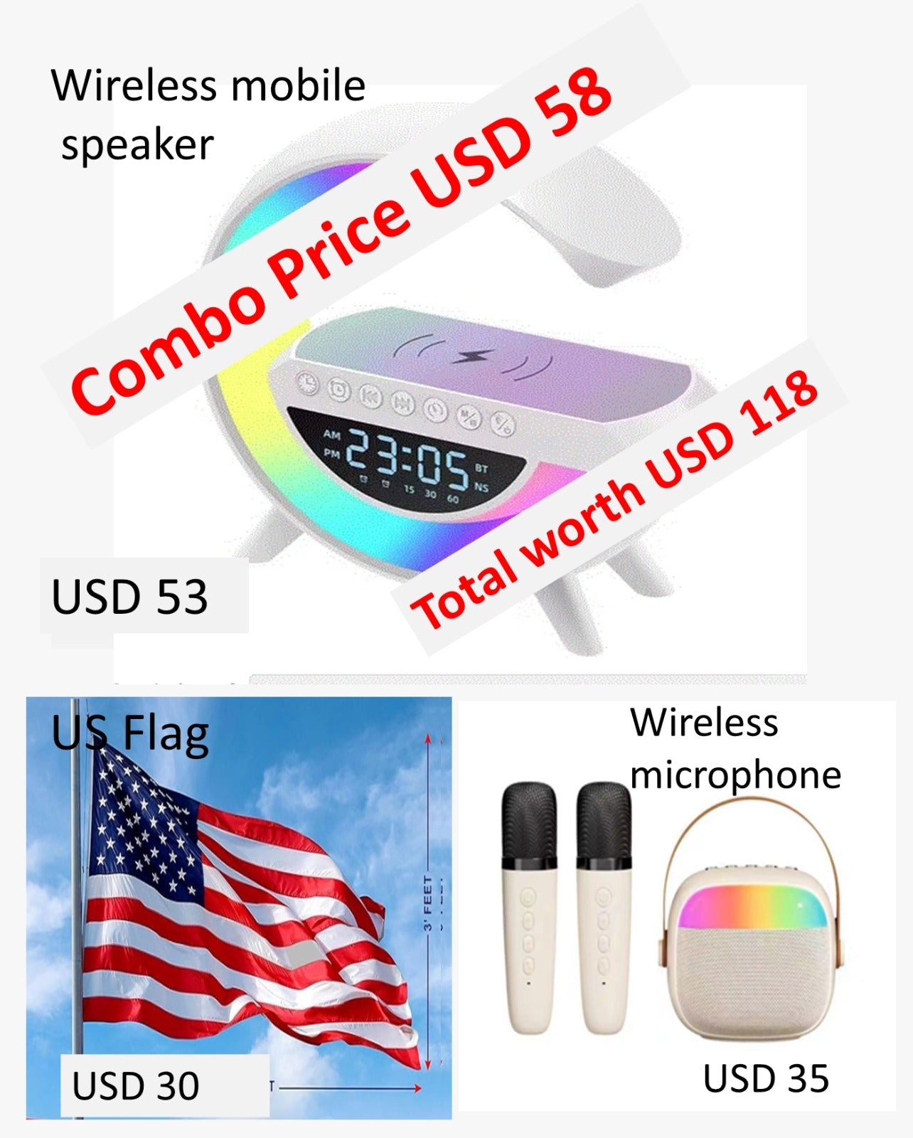 Combo 1 : Wireless Speaker + Wireless microphone +  US flag