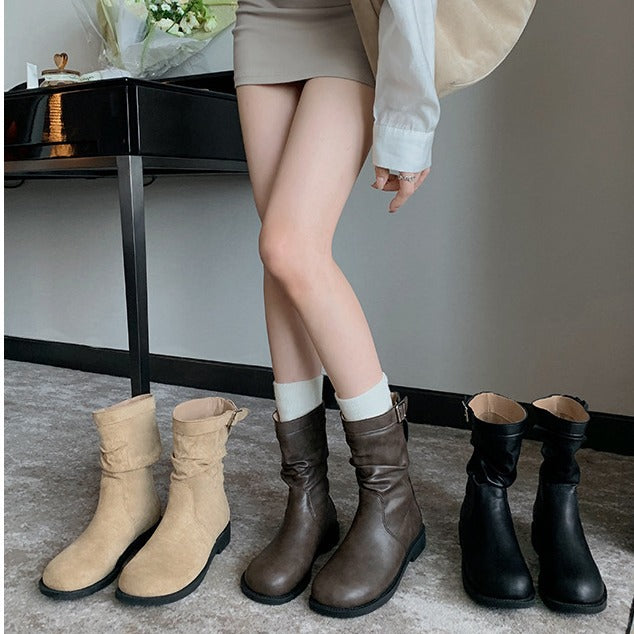 Winter Series 21 : Korean Style Round-Toe Ruched Suede Chunky Heel, Thick-Soled Slouchy Low Ankle Boots for Women