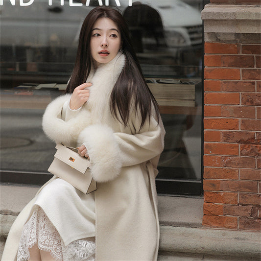 Winter Series 39: Artic Fox Coat, V-Neck Double-Sided Cashmere Wool Coat for Women, Mid-Length Elegant Outerwear