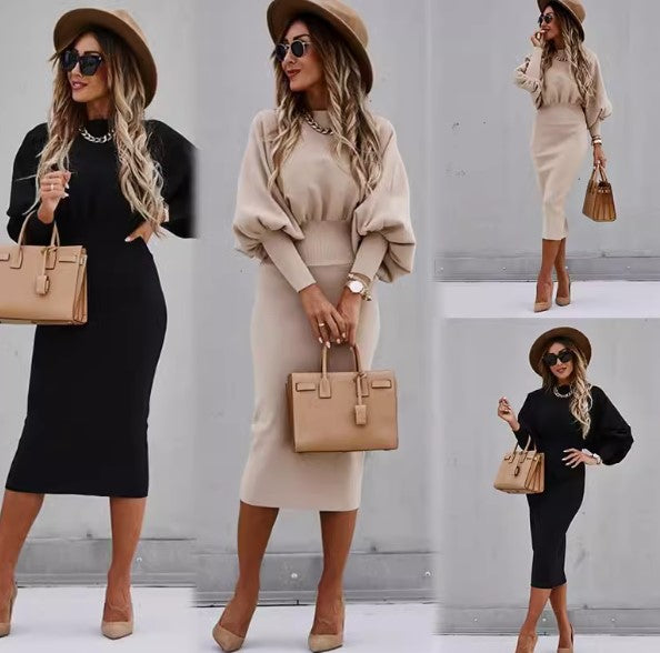 Women Fashion O-Neck Lantern Long Sleeve Pencil Dress Autumn Winter Black Office Woman Dresses