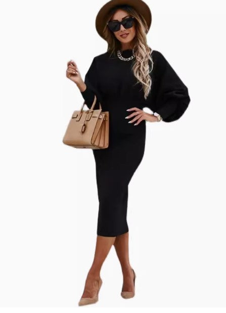 Women Fashion O-Neck Lantern Long Sleeve Pencil Dress Autumn Winter Black Office Woman Dresses