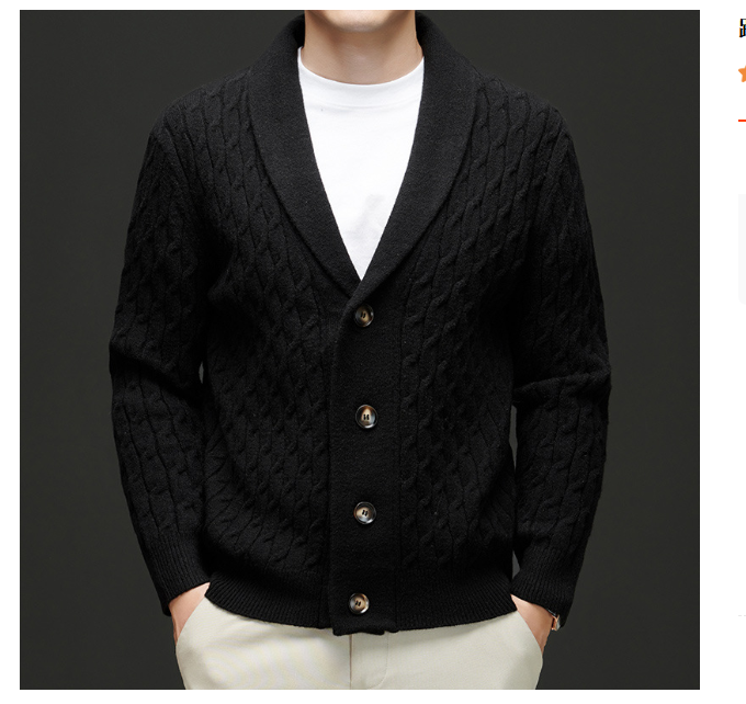 02) Men Winter 11: Wool cardigan jacket with padded shawl collar twisted knit sweater