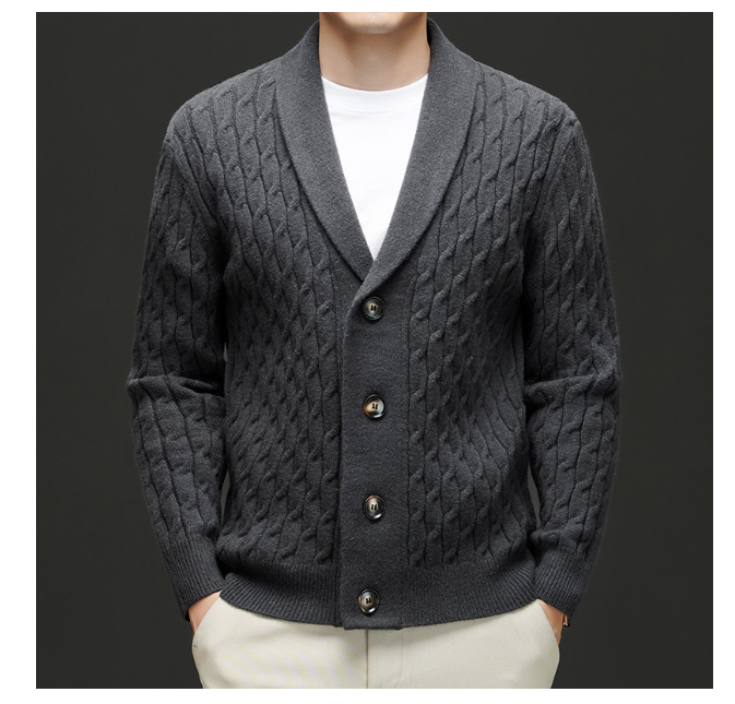 02) Men Winter 11: Wool cardigan jacket with padded shawl collar twisted knit sweater