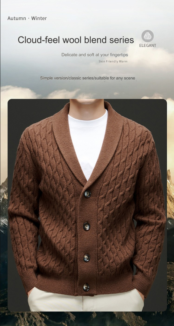 02) Men Winter 11: Wool cardigan jacket with padded shawl collar twisted knit sweater