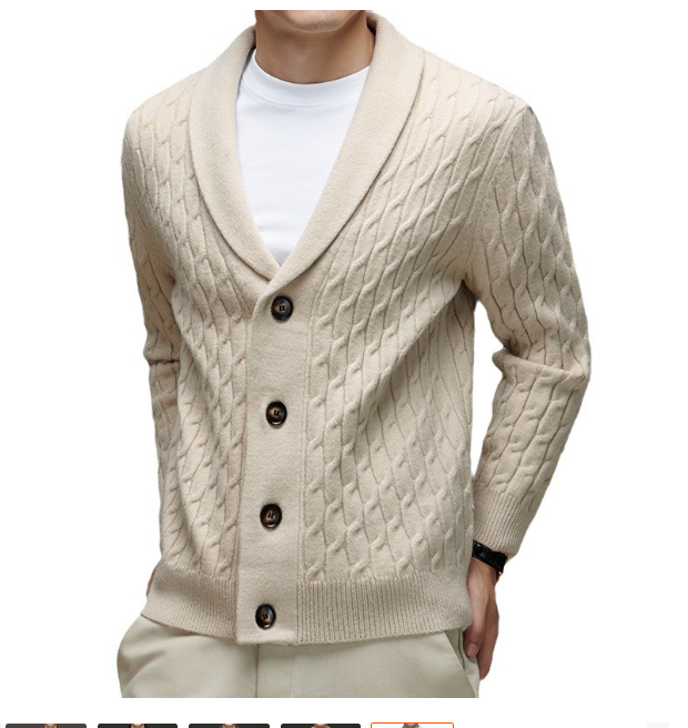 02) Men Winter 11: Wool cardigan jacket with padded shawl collar twisted knit sweater