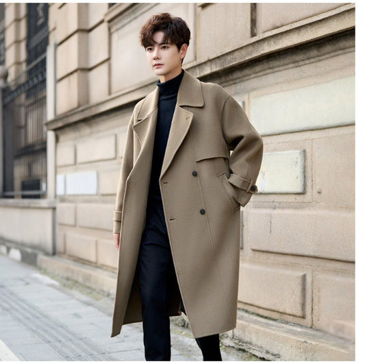 Men Winter 14: Double-breasted haute couture trench coat, double-sided all-wool tweed coat, midi length