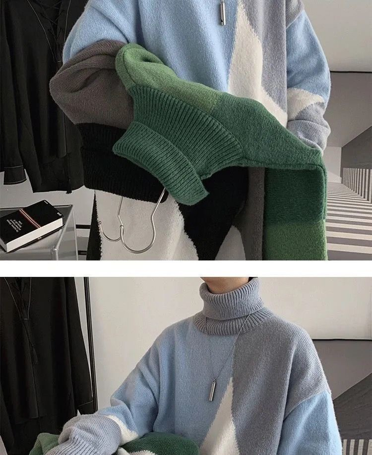 06) Men Winter 19: Turtleneck sweater knitwear with thick scarf loose,