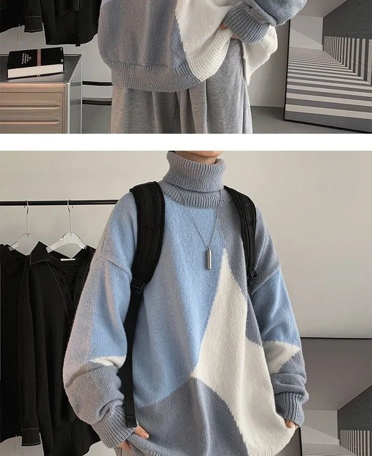 06) Men Winter 19: Turtleneck sweater knitwear with thick scarf loose,