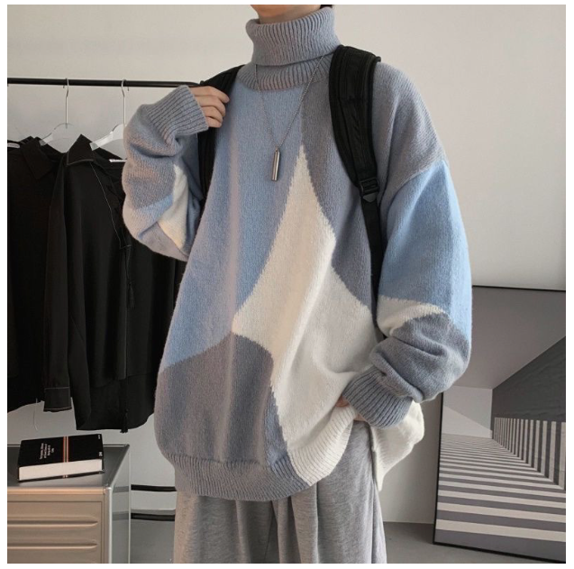 06) Men Winter 19: Turtleneck sweater knitwear with thick scarf loose,