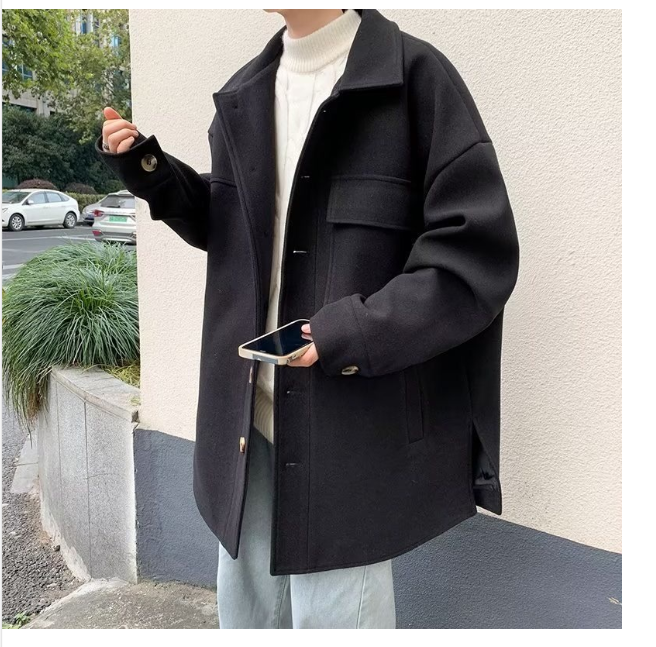 Men Winter 21: Woolen coat men's mid-length tweed trench coat autumn