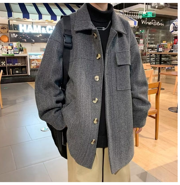 Men Winter 21: Woolen coat men's mid-length tweed trench coat autumn