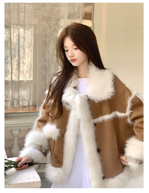 Winter series 16: Fur collar fur sleeves  winter short overcoat