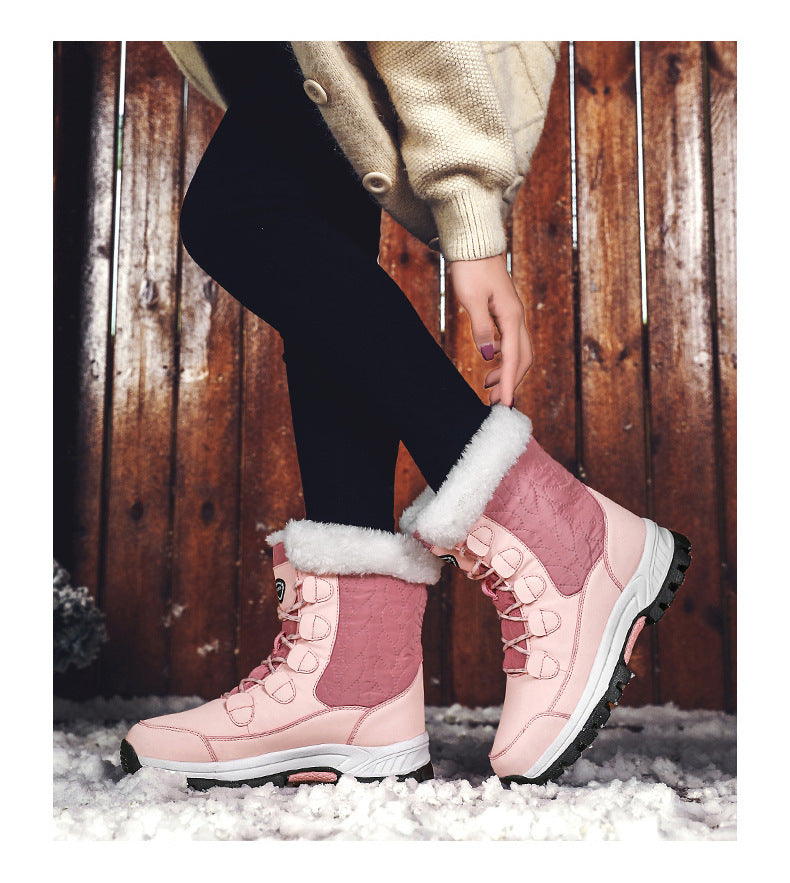 04) Winter Series 16: Winter Warm Snow Boots for Women, Fleece-Lined Thickened Mid-Calf Lace-Up Boots for Northeastern Trave