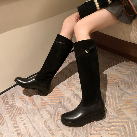 Winter Series 18: Fall/Winter New Women's Charm Shoes, Khaki High-Calf Boots, Color-Blocked Round-Toe Flat Winter Fleece-Lined Riding Boots