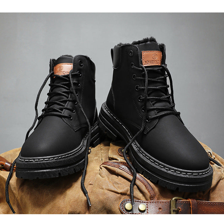 Winter Shoe 07 : Men's Winter Fleece-Lined Martin Boots, High-Top Work Shoes, Trendy Versatile Thick-Soled Warm Short Boots