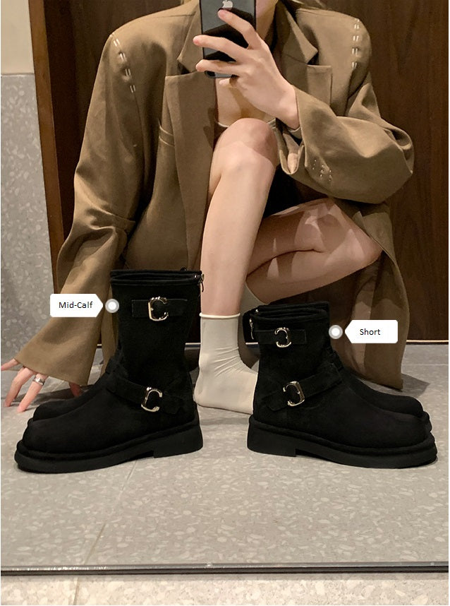 Winter Series 22 : New Vintage Biker-Style Buckle Round-Toe Thick-Soled Height-Increasing Mid-Calf Boots / Short Boots for Women