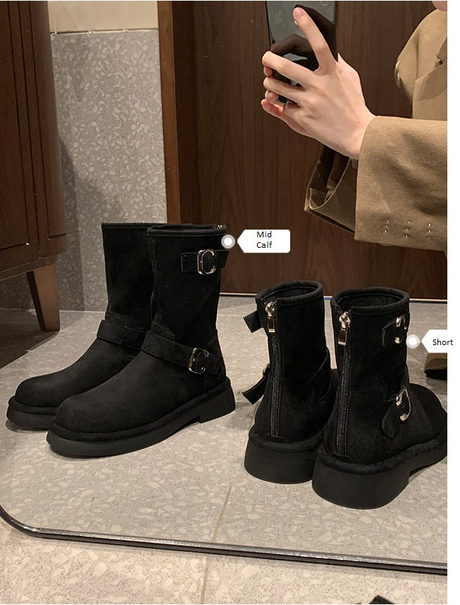 Winter Series 22 : New Vintage Biker-Style Buckle Round-Toe Thick-Soled Height-Increasing Mid-Calf Boots / Short Boots for Women