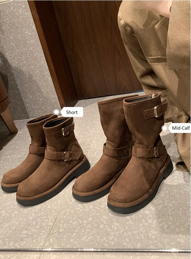 Winter Series 22 : New Vintage Biker-Style Buckle Round-Toe Thick-Soled Height-Increasing Mid-Calf Boots / Short Boots for Women