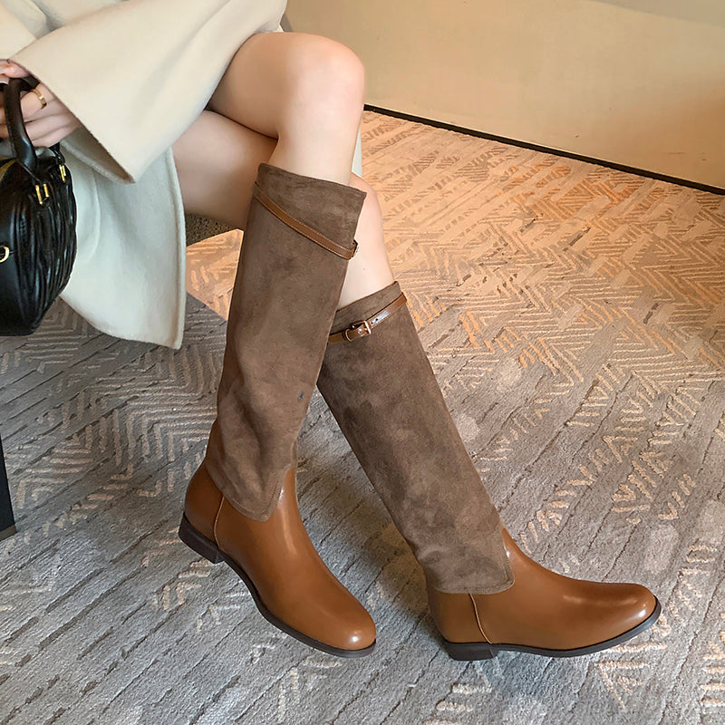 Winter Series 18: Fall/Winter New Women's Charm Shoes, Khaki High-Calf Boots, Color-Blocked Round-Toe Flat Winter Fleece-Lined Riding Boots