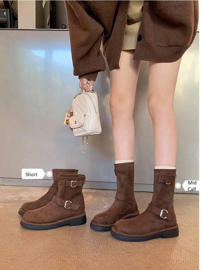 Winter Series 22 : New Vintage Biker-Style Buckle Round-Toe Thick-Soled Height-Increasing Mid-Calf Boots / Short Boots for Women