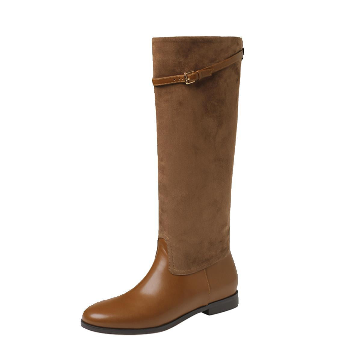 Winter Series 18: Fall/Winter New Women's Charm Shoes, Khaki High-Calf Boots, Color-Blocked Round-Toe Flat Winter Fleece-Lined Riding Boots