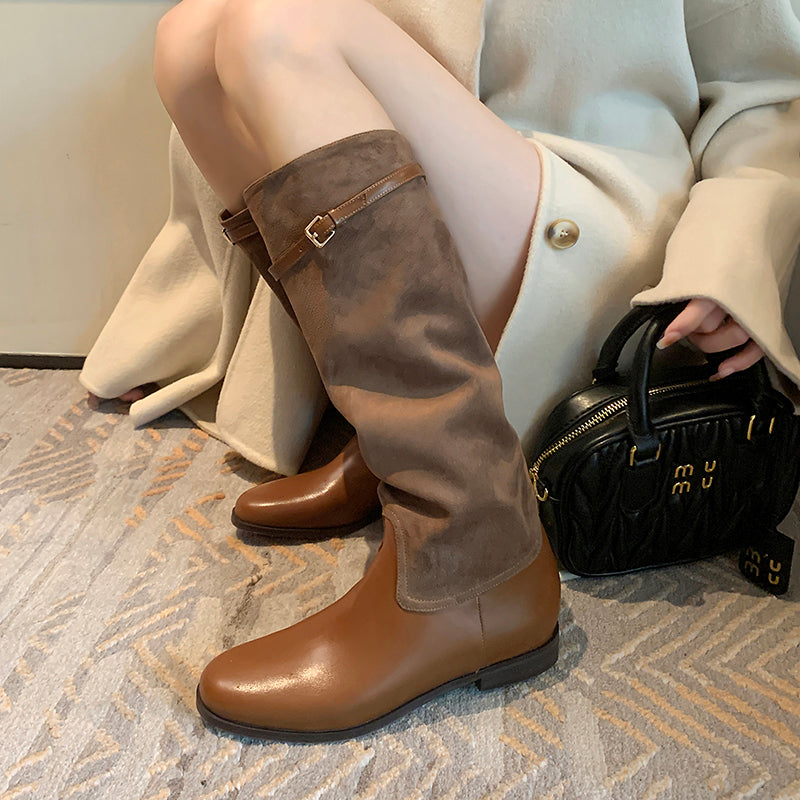 Winter Series 18: Fall/Winter New Women's Charm Shoes, Khaki High-Calf Boots, Color-Blocked Round-Toe Flat Winter Fleece-Lined Riding Boots