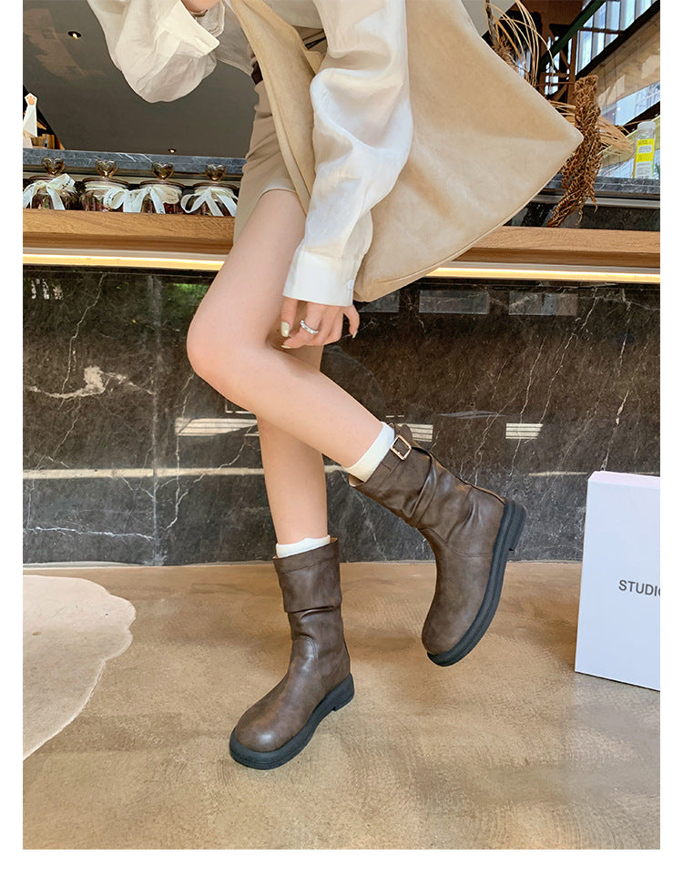 Winter Series 21 : Korean Style Round-Toe Ruched Suede Chunky Heel, Thick-Soled Slouchy Low Ankle Boots for Women