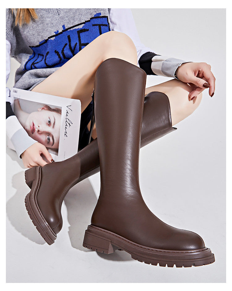 Winter Series 19: Fleece-Lined Long Boots for Women, 2024 Winter New Height-Increasing Riding Boots, Chunky Heeled Vintage Tall Boots, Versatile Footwear