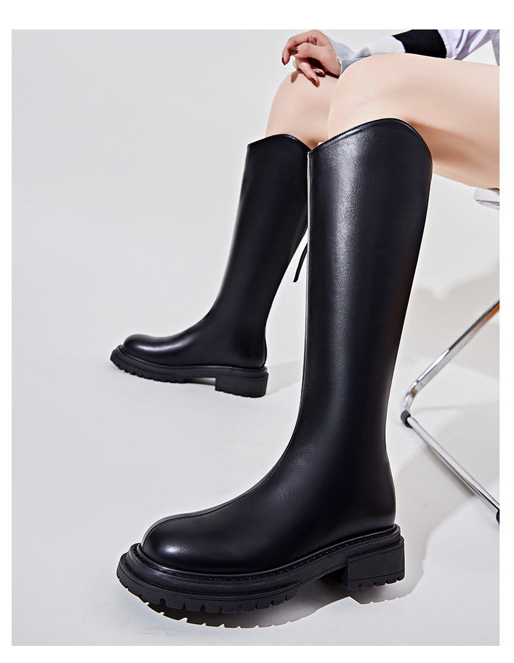 Winter Series 19: Fleece-Lined Long Boots for Women, 2024 Winter New Height-Increasing Riding Boots, Chunky Heeled Vintage Tall Boots, Versatile Footwear