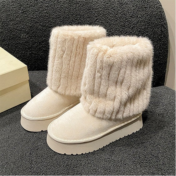 03) Winter Series 15: Snow Boots, Faux Mink Fur Splicing, Fleece-Lined Thickened Warm Boots for Women, 2024 Winter New Thick-Soled Boots