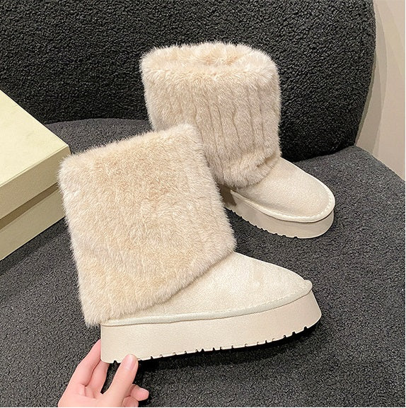 03) Winter Series 15: Snow Boots, Faux Mink Fur Splicing, Fleece-Lined Thickened Warm Boots for Women, 2024 Winter New Thick-Soled Boots