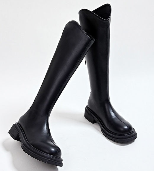 Winter Series 19: Fleece-Lined Long Boots for Women, 2024 Winter New Height-Increasing Riding Boots, Chunky Heeled Vintage Tall Boots, Versatile Footwear