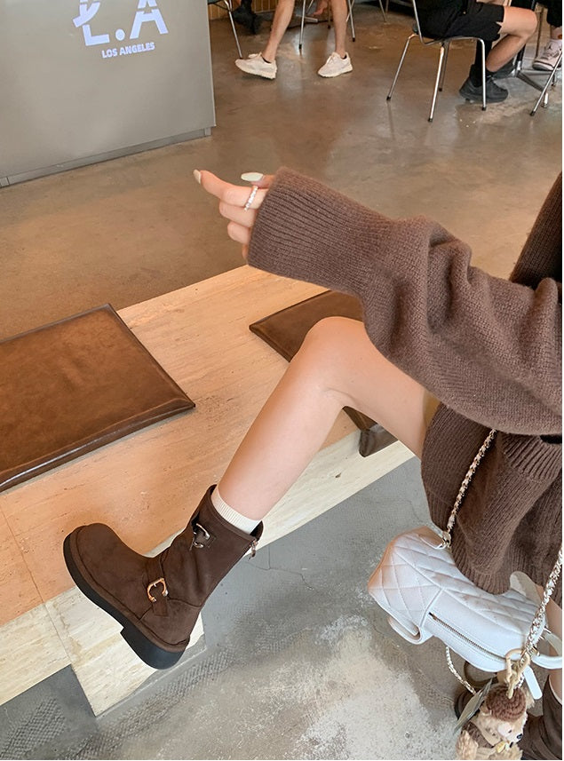 Winter Series 22 : New Vintage Biker-Style Buckle Round-Toe Thick-Soled Height-Increasing Mid-Calf Boots / Short Boots for Women