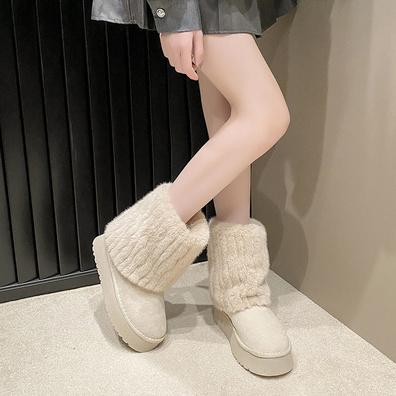 03) Winter Series 15: Snow Boots, Faux Mink Fur Splicing, Fleece-Lined Thickened Warm Boots for Women, 2024 Winter New Thick-Soled Boots