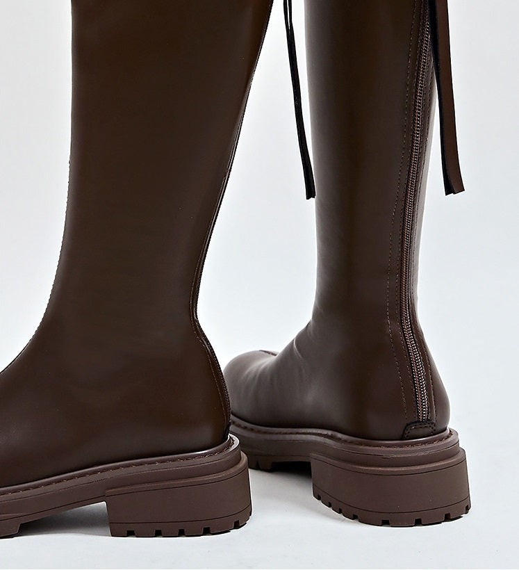 Winter Series 19: Fleece-Lined Long Boots for Women, 2024 Winter New Height-Increasing Riding Boots, Chunky Heeled Vintage Tall Boots, Versatile Footwear