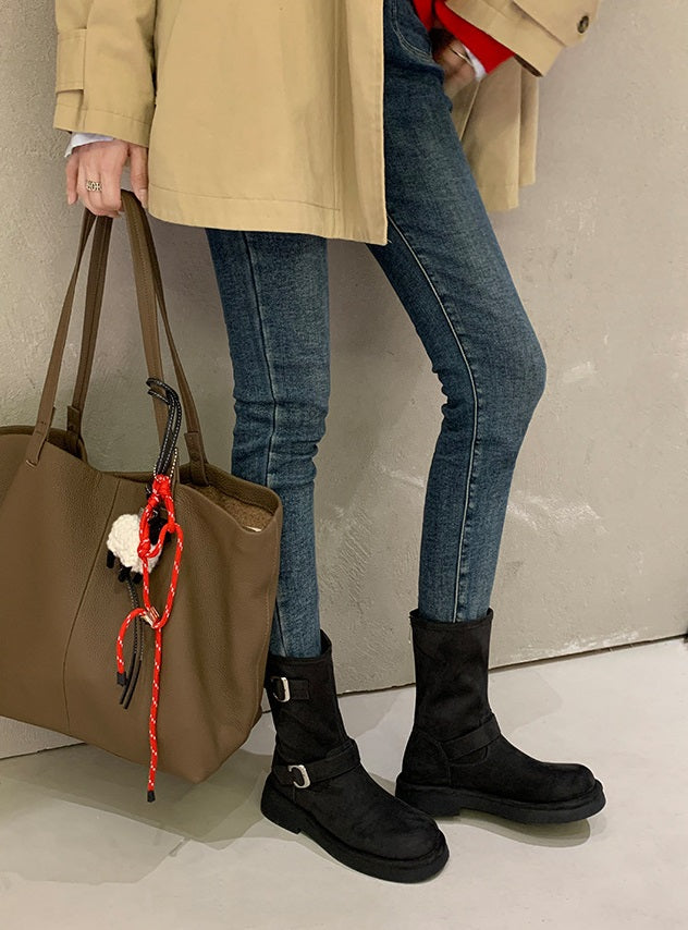 Winter Series 22 : New Vintage Biker-Style Buckle Round-Toe Thick-Soled Height-Increasing Mid-Calf Boots / Short Boots for Women