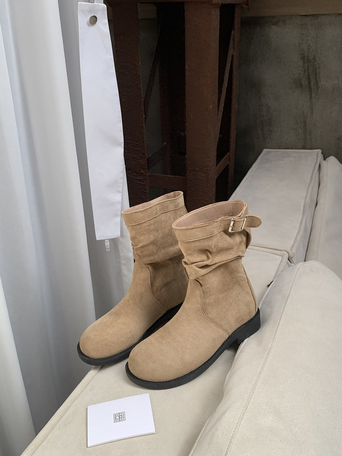 Winter Series 21 : Korean Style Round-Toe Ruched Suede Chunky Heel, Thick-Soled Slouchy Low Ankle Boots for Women