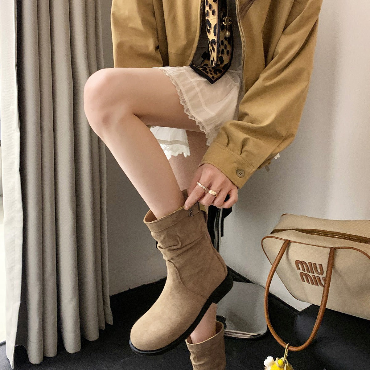 Winter Series 21 : Korean Style Round-Toe Ruched Suede Chunky Heel, Thick-Soled Slouchy Low Ankle Boots for Women