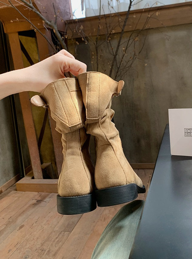 Winter Series 21 : Korean Style Round-Toe Ruched Suede Chunky Heel, Thick-Soled Slouchy Low Ankle Boots for Women