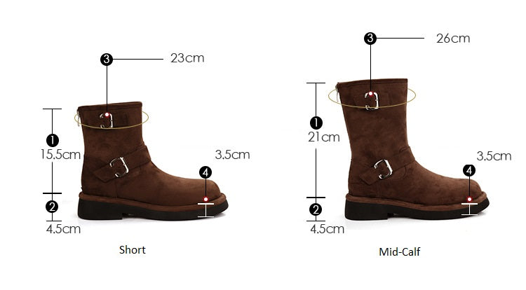 Winter Series 22 : New Vintage Biker-Style Buckle Round-Toe Thick-Soled Height-Increasing Mid-Calf Boots / Short Boots for Women