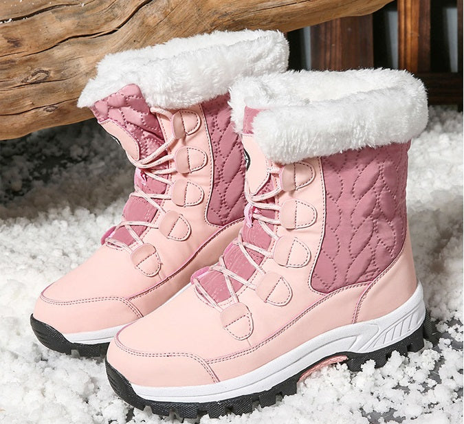 04) Winter Series 16: Winter Warm Snow Boots for Women, Fleece-Lined Thickened Mid-Calf Lace-Up Boots for Northeastern Trave