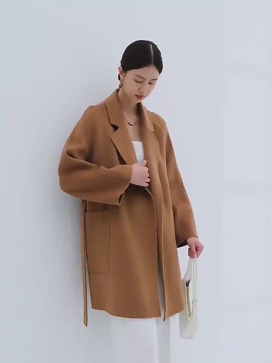 Winter Series 45 : 100% Wool Double-Sided High-Quality Cashmere Coat, Mid-Length, Petite Size, Loose Belted Wool Coat for Women